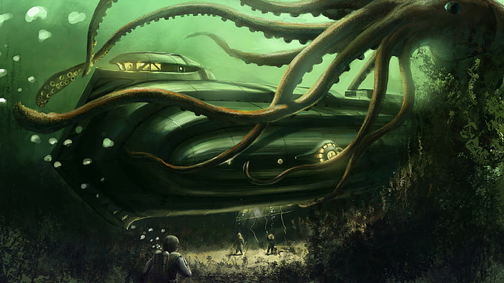 Octopus, Nautilus, Jules Verne, bottom, ocean, boat. Underwater, HD wallpaper