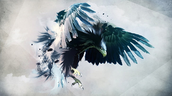 black and gray eagle illustration, animals, birds, digital art
