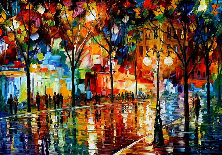 multicolored street between trees painting, Leonid Afremov, street light