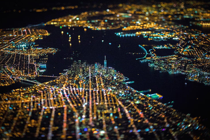 lighted islands tilt shift photo, earial view of lighted building, HD wallpaper