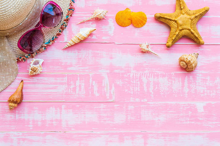 stars, hat, glasses, shell, summer, beach, pink background, HD wallpaper