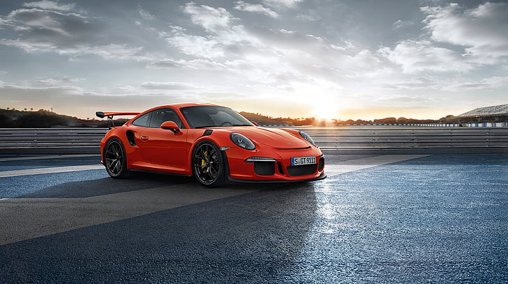 orange Porsche coupe, 911, gt3rs, side view, red, car, speed, HD wallpaper