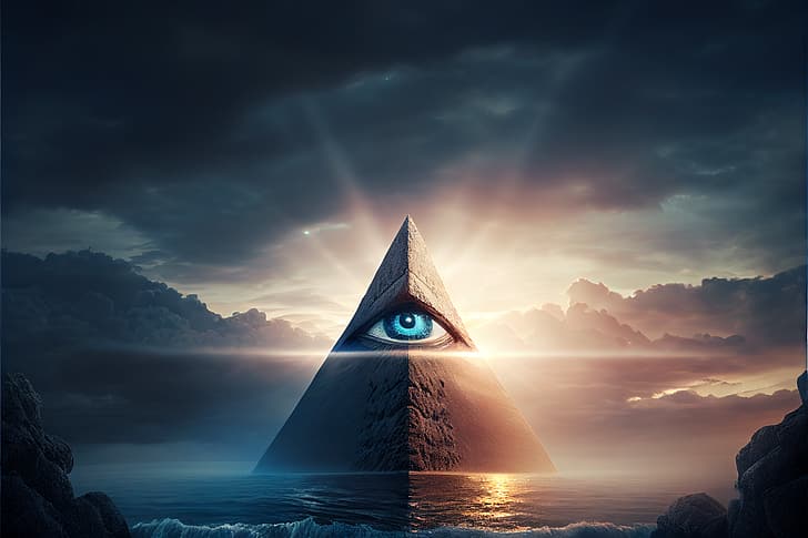 AI art, Illuminati, Eye of Providence, pyramid, eyes, clouds, HD wallpaper
