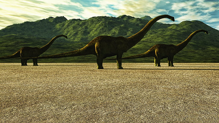 three long neck dinosaurs walking on the field during daytime