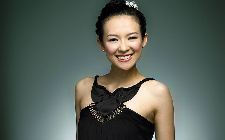 woman in black halter top, girl, asian, smile, glance, women