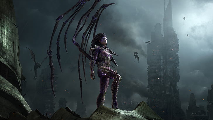 the city, wings, StarCraft II, Zerg, Sarah Kerrigan, The Queen Of Blades, HD wallpaper
