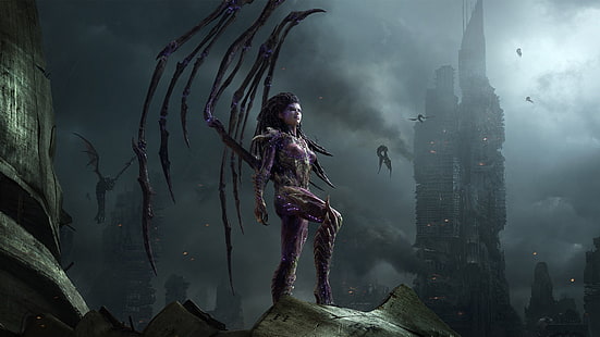 the city, wings, StarCraft II, Zerg, Sarah Kerrigan, The Queen Of Blades HD wallpaper