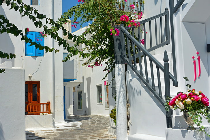 flowers, Greece, ladder, street, Mykonos