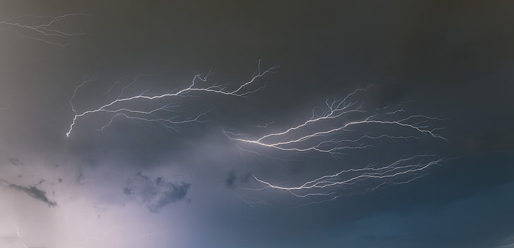 white lightning bolts, landscape, storm, long exposure, sky, clouds
