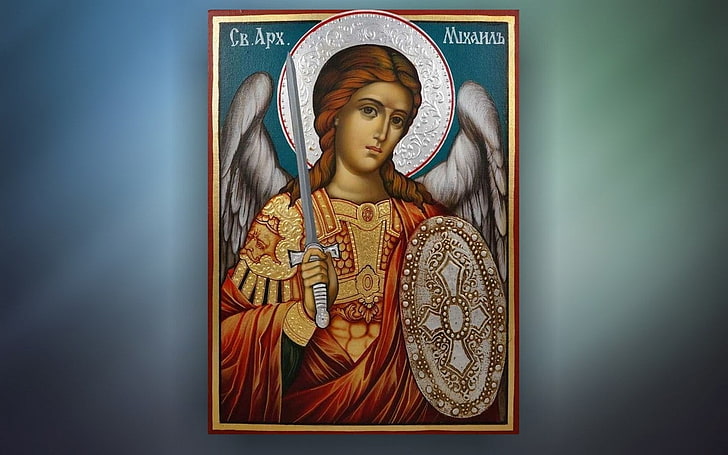 Archangel Michael, wings, angel of God, sword, one person, indoors