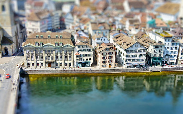 beige concrete building, tilt shift, Switzerland, cityscape, river, HD wallpaper