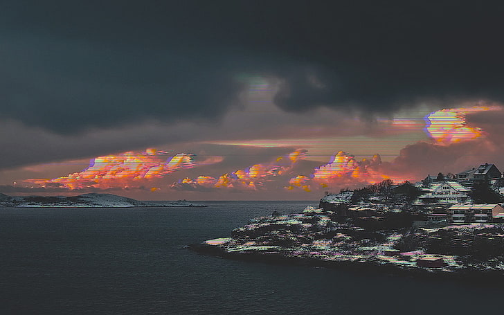 vaporwave, landscape, snow, island, sea, water, sky, cloud - sky, HD wallpaper