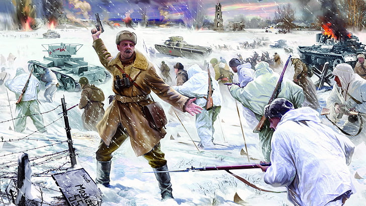 soldiers fighting on the snow painting, winter, war, attack, figure, HD wallpaper