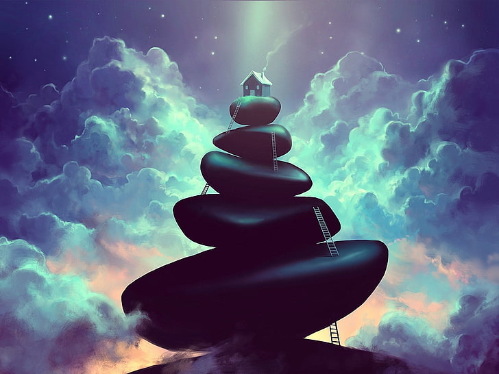 house on top of stack of rock illustration, abstract, sky, cloud - sky, HD wallpaper