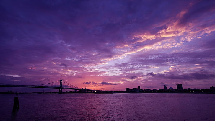 Photoshop, sky, bridge, purple, HD wallpaper
