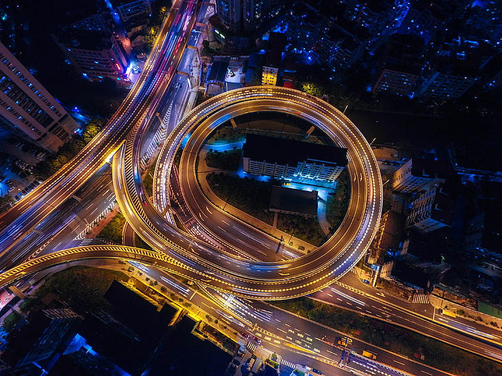 gray road, traffic junction, night city, view from above, cityscape