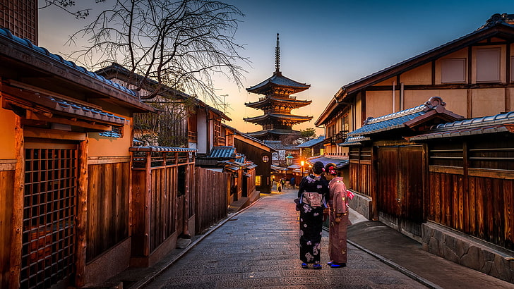 women's black and pink kimono, Japanese women, Kyoto, pagoda