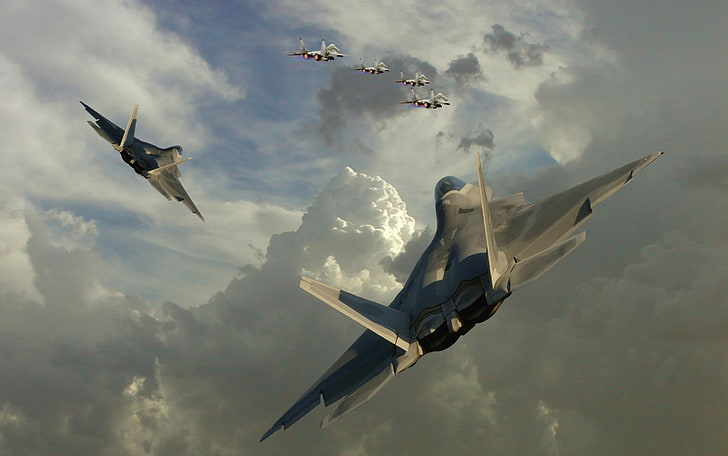 fighter jets illustration, dogfight, jet fighter, F-22 Raptor