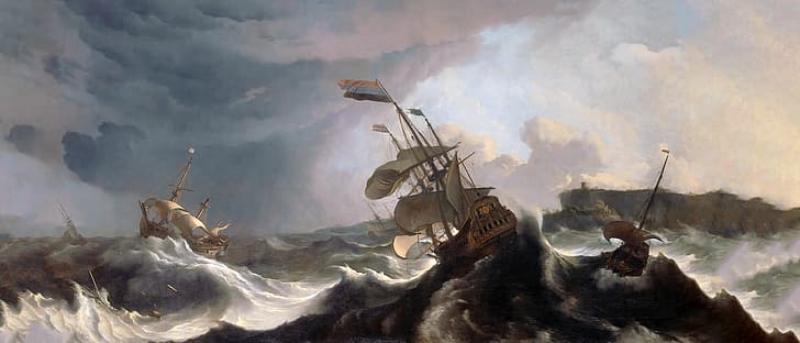 traditional art, classical art, warship, ocean battle, waves, HD wallpaper