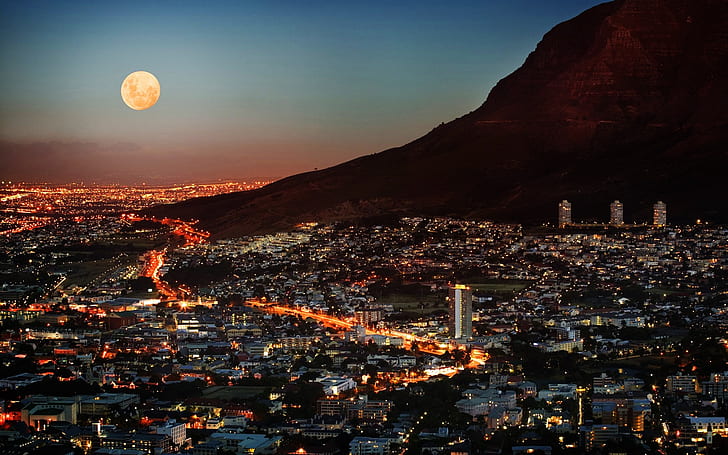 South Africa Night, Cape Town, a metropolis, skyscrapers, moon, HD wallpaper