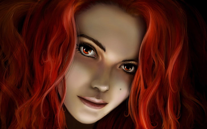 fantasy art, fantasy girl, redhead, women, face, artwork, portrait, HD wallpaper