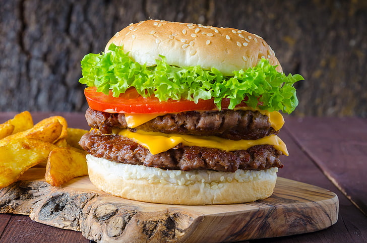 cheeseburger with tomato and lettuce, hamburger, Patty, sandwich, HD wallpaper