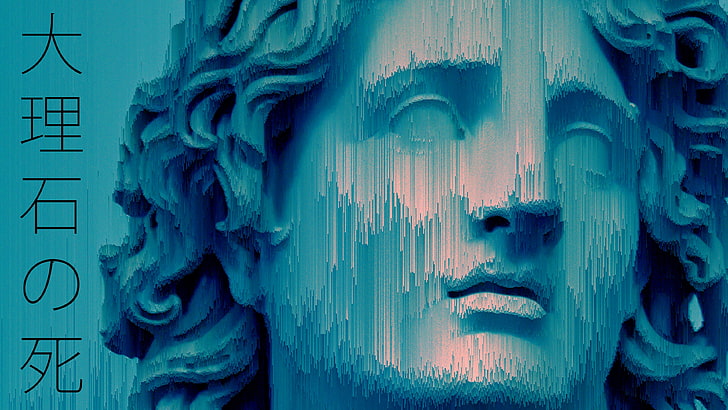 gray sculpture illustration, statue, glitch art, vaporwave, blue