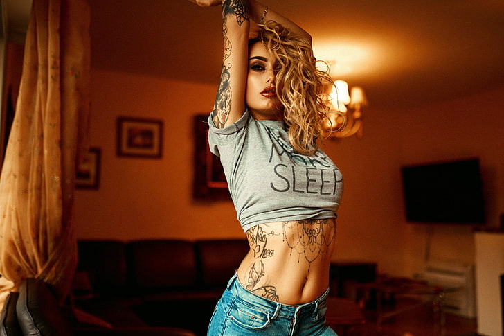 women, blonde, portrait, belly, tattoo, arms up, red lipstick