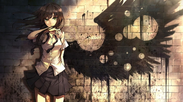 black haired female anime character wallpaper, wings, bricks