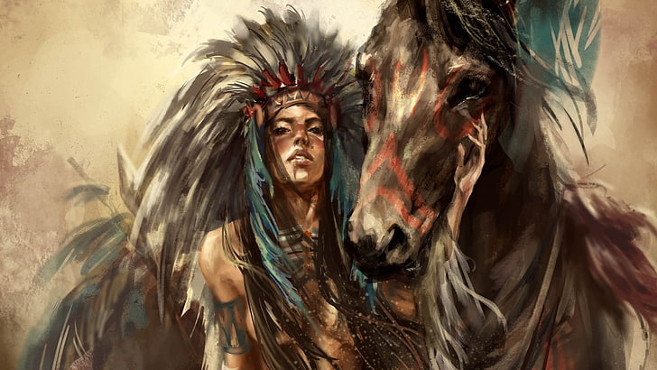 native American standing horse painting, women, artwork, adult, HD wallpaper