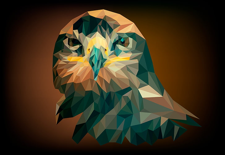 blue and brown owl head illustration, eagle, bird, geometric, HD wallpaper