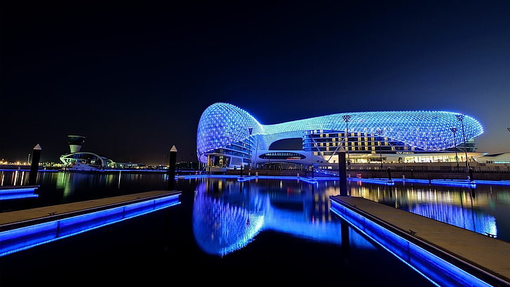 Abu Dhabi, Lights, night, photography, Race Tracks, reflection, HD wallpaper
