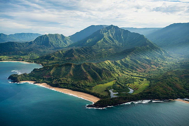 2000x1335 px Aerial View Birds Eye View clouds Hawaii Jurassic Park landscape mountains nature water Sports Other HD Art, HD wallpaper