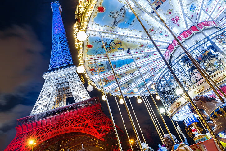 Eiffel Tower, France, Paris, eiffel tower; merry go round ride, HD wallpaper