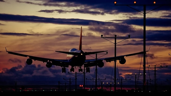 landing, airplane, clouds, lights, Boeing 747
