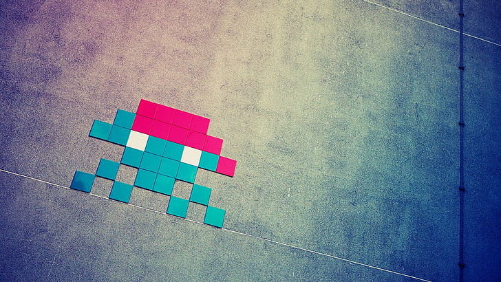 teal and pink puzzle toy, Space Invaders, digital art, multi colored