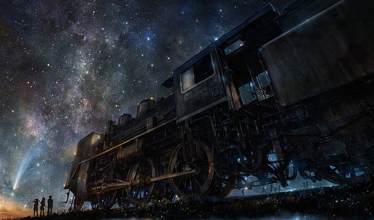 train, artwork, stars, railway, night, group of people, sky