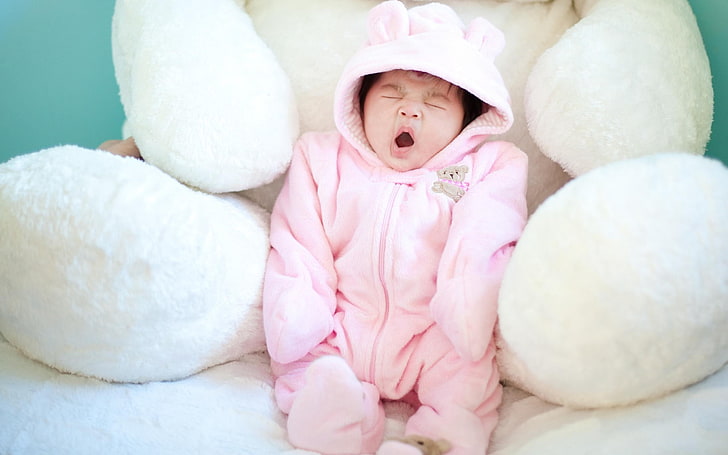 baby's pink pram suit, toys, sleep, yawn, child, cute, small, HD wallpaper