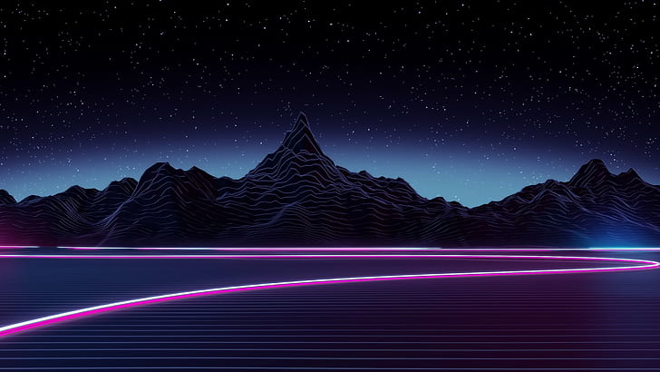 black mountain during nighttime, digital art, neon, long exposure