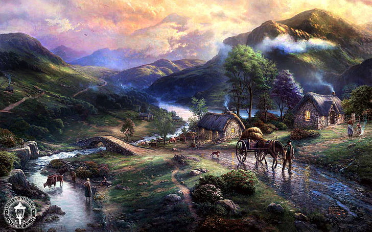 horseman illustration, animals, mountains, bridge, nature, lake