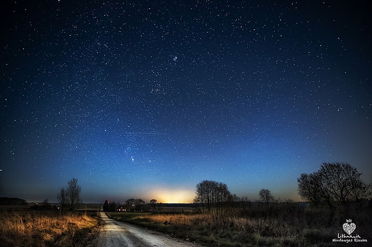 grey road under starry night, landscape, evening, morning, Lithuania