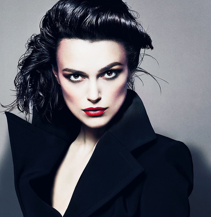 Keira Knightley, women, black coat, portrait, young adult, looking at camera