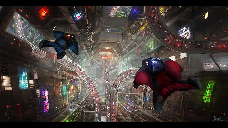 two red and blue aircraft painting, wingsuit, heights, cityscape