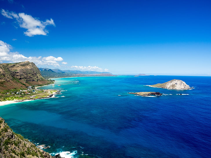 Hawaii, oahu, shore, beach, horizon, water, sea, blue, sky, HD wallpaper