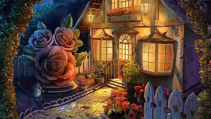 fantasy art, fantasy garden, cottage, dreamland, fairytale