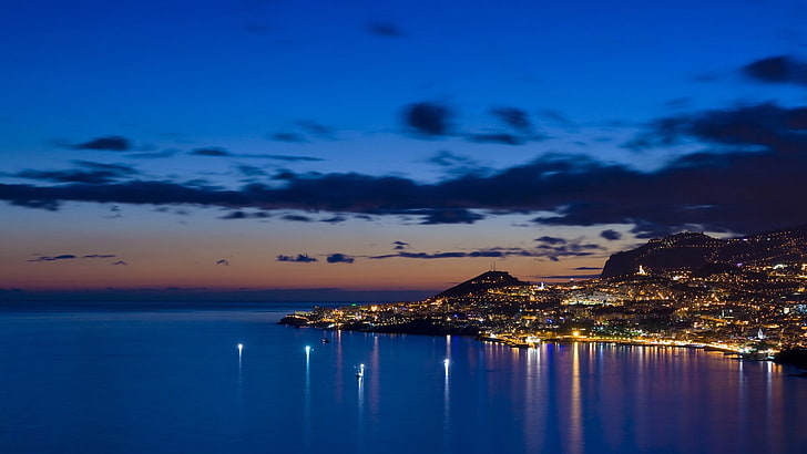 photo of city near sea, cityscape, Funchal, Portugal, night, sky