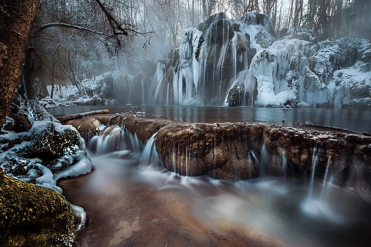 winter, ice, snow, water, nature, waterfall