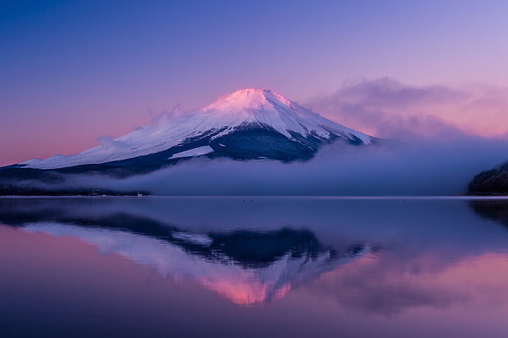 snow mountain, the sky, clouds, fog, lake, reflection, island, HD wallpaper