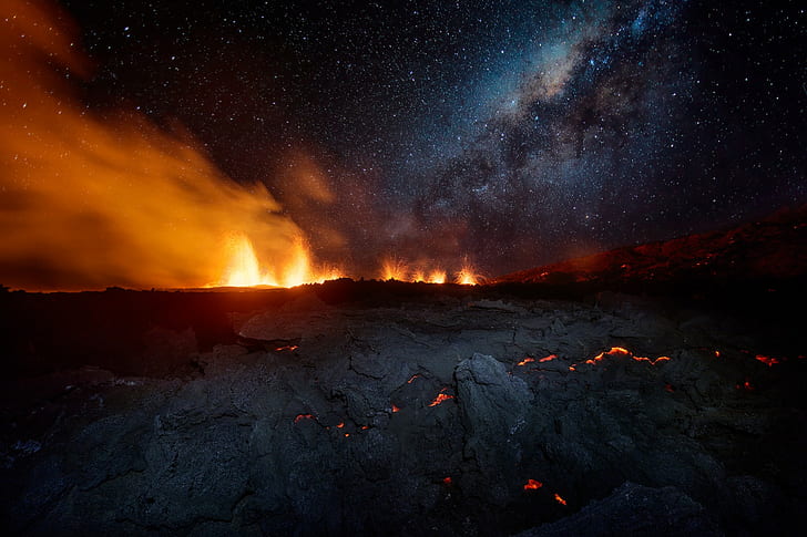 eruption, fire, island, landscape, Lava, night, rocks, sky