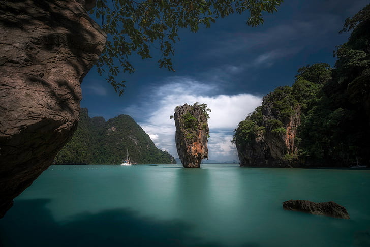 Islands, boat, Thailand, James Bond Island, Khao Ping Kan, HD wallpaper